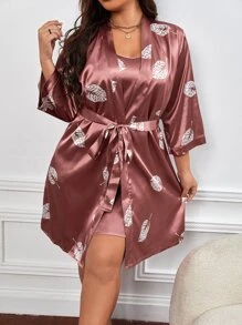 Conjunto de pijama Bata con estampado de hoja con cinturón de satén & Vestido de tirantes - Color caoba - Ver 1