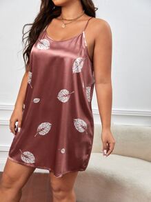 Conjunto de pijama Bata con estampado de hoja con cinturón de satén & Vestido de tirantes - Color caoba - Ver 3