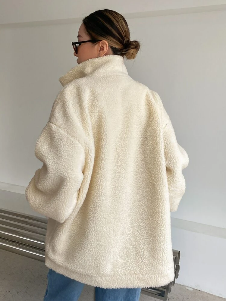 Letter Embroidery Drop Shoulder Teddy Jacket,Fall Women Clothes