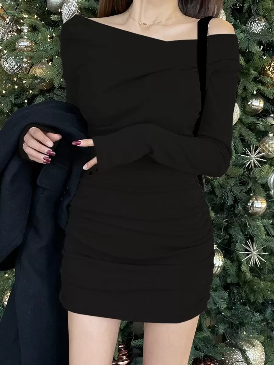 DAZY Vestido ajustado de Body con escote Bardot y drapeado, ropa de otoño - Negro - Ver 1