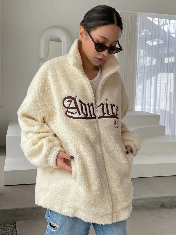 Letter Embroidery Drop Shoulder Teddy Jacket,Fall Women Clothes