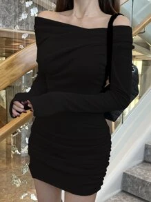 DAZY Vestido ajustado de Body con escote Bardot y drapeado, ropa de otoño - Negro - Ver 3