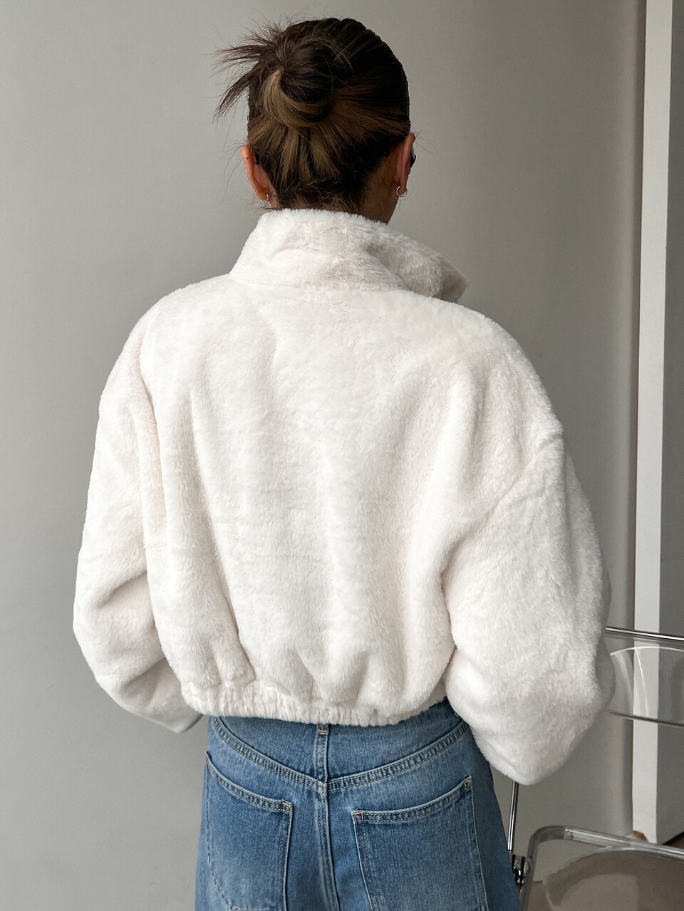 Drop Shoulder Zip Up Crop Teddy Jacket