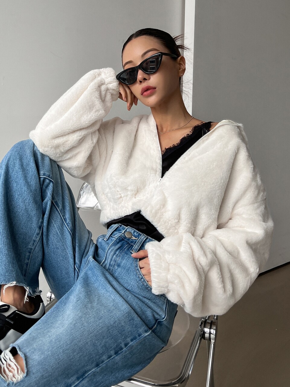 Drop Shoulder Zip Up Crop Teddy Jacket