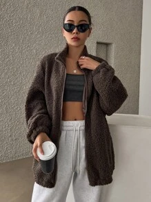 DAZY Cazadora teddy de hombros caídos cremallera - Marrón Chocolate - Ver 6