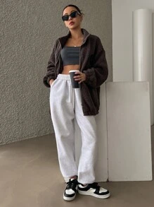 DAZY Cazadora teddy de hombros caídos cremallera - Marrón Chocolate - Ver 3