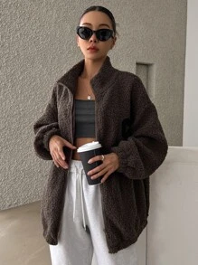 DAZY Cazadora teddy de hombros caídos cremallera - Marrón Chocolate - Ver 4