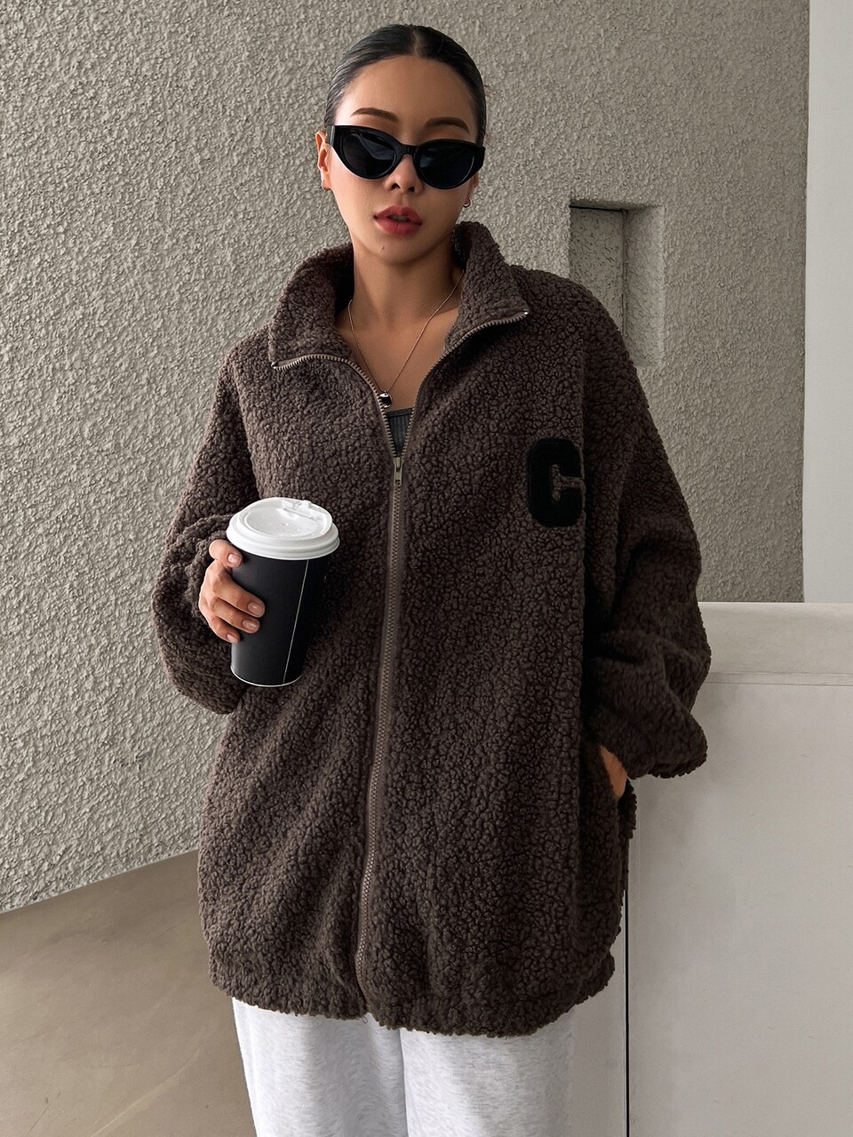 Drop Shoulder Zipper Teddy Jacket