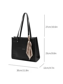 蝴蝶结装饰细围巾装饰单肩托特包，母亲节礼物，适合妈妈、少女、女大学生、新人、白领，非常适合办公室、工作、商务、通勤，女士最佳工作包 - 黑色 - 查看 3