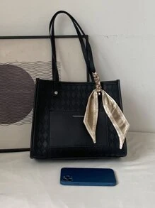 蝴蝶结装饰细围巾装饰单肩托特包，母亲节礼物，适合妈妈、少女、女大学生、新人、白领，非常适合办公室、工作、商务、通勤，女士最佳工作包 - 黑色 - 查看 6