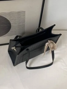 蝴蝶结装饰细围巾装饰单肩托特包，母亲节礼物，适合妈妈、少女、女大学生、新人、白领，非常适合办公室、工作、商务、通勤，女士最佳工作包 - 黑色 - 查看 5