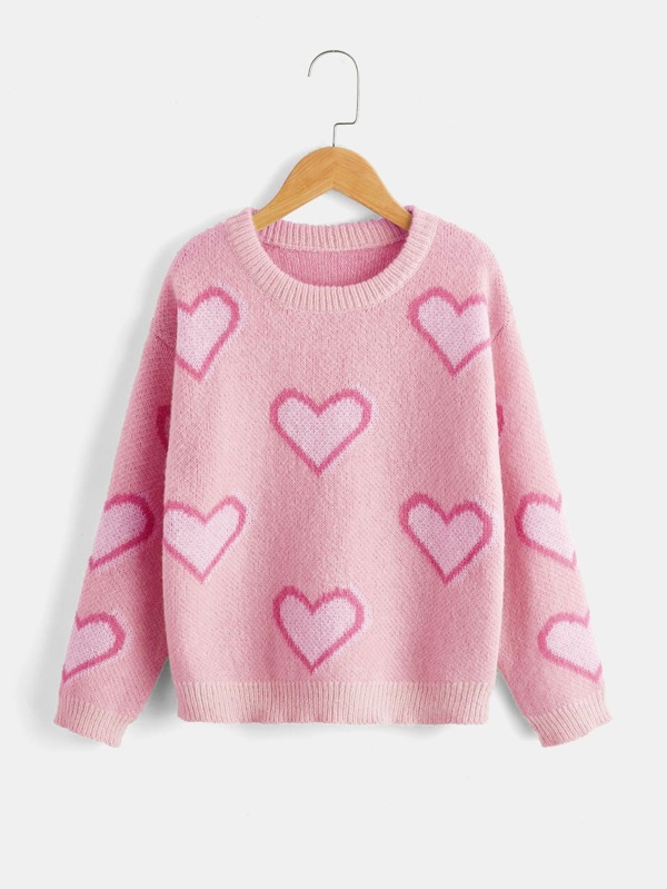 SHEIN Girls Heart Pattern Drop Shoulder Sweater SHEIN USA