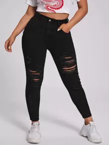 Jeans de mezclilla desgastada con bolsillo y botones frontales, para uso casual diario, talla grande - Negro - Ver 1