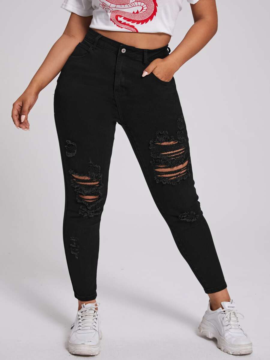 Jeans de mezclilla desgastada con bolsillo y botones frontales, para uso casual diario, talla grande - Negro - Ver 1