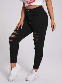 Jeans de mezclilla desgastada con bolsillo y botones frontales, para uso casual diario, talla grande - Negro - Ver 4