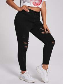 Jeans de mezclilla desgastada con bolsillo y botones frontales, para uso casual diario, talla grande - Negro - Ver 5