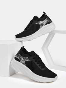 CUCCOO BASICS Snakeskin Print Lace-up Front Running Shoes - Black - View 2
