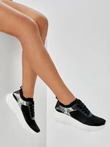 CUCCOO BASICS Snakeskin Print Lace-up Front Running Shoes - Black - View 6