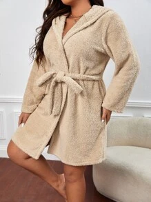 Bata con cinturón con bordado de letra con capucha - Albaricoque - Ver 3