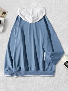 Manfinity Hypemode 男士寬鬆字母拼接下擺拉繩2合1連帽衫 - 霧霾藍 - 查看 2