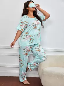 Conjunto de pijama con estampado floral & Máscara de ojo - verde menta - Ver 1