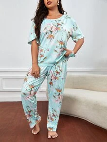 Conjunto de pijama con estampado floral & Máscara de ojo - verde menta - Ver 3