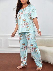Conjunto de pijama con estampado floral & Máscara de ojo - verde menta - Ver 4