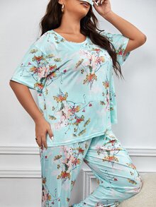 Conjunto de pijama con estampado floral & Máscara de ojo - verde menta - Ver 5