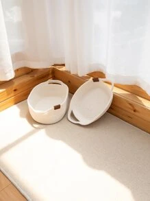 1pc Plain Woven Desktop Storage Basket - White - View 1