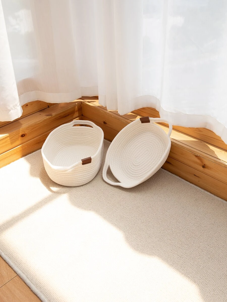 1pc Plain Woven Desktop Storage Basket - White - View 1