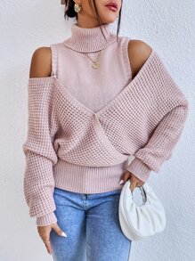 SHEIN Privé Áo len nữ Cắt ra màu trơn Giải trí - Bụi hồng - Xem 3