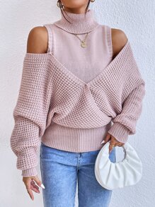 SHEIN Privé Áo len nữ Cắt ra màu trơn Giải trí - Bụi hồng - Xem 4