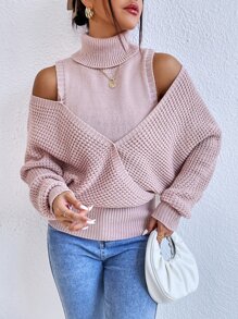 SHEIN Privé Áo len nữ Cắt ra màu trơn Giải trí - Bụi hồng - Xem 5