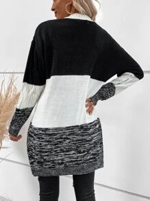 EMERY ROSE Colour Block Drop Shoulder Cable Knit Duster Cardigan - Black and White - View 2