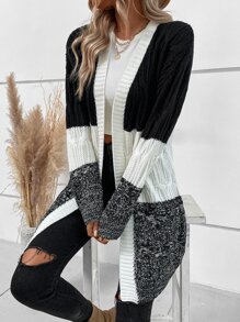 EMERY ROSE Colour Block Drop Shoulder Cable Knit Duster Cardigan - Black and White - View 3
