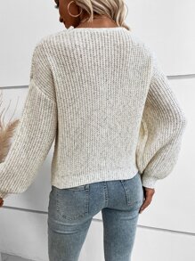 SHEIN LUNE Wrap Cross Bishop Sleeve Marled Knit Jumper - Beige - View 2
