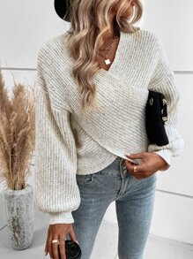 SHEIN LUNE Wrap Cross Bishop Sleeve Marled Knit Jumper - Beige - View 1