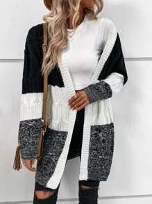 EMERY ROSE Colour Block Drop Shoulder Cable Knit Duster Cardigan - Black and White - View 7