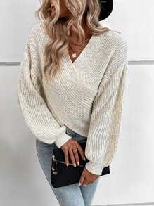 SHEIN LUNE Wrap Cross Bishop Sleeve Marled Knit Jumper - Beige - View 6