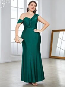 SHEIN Belle Plus Asymmetrical Neck Ruffle Mermaid Hem Bridesmaid Dress - Dark Green - View 4
