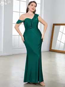 SHEIN Belle Plus Asymmetrical Neck Ruffle Mermaid Hem Bridesmaid Dress - Dark Green - View 1