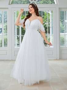 SHEIN Belle Plus Contrast Lace Cold Shoulder Flutter Sleeve Wedding Dress - White - View 4