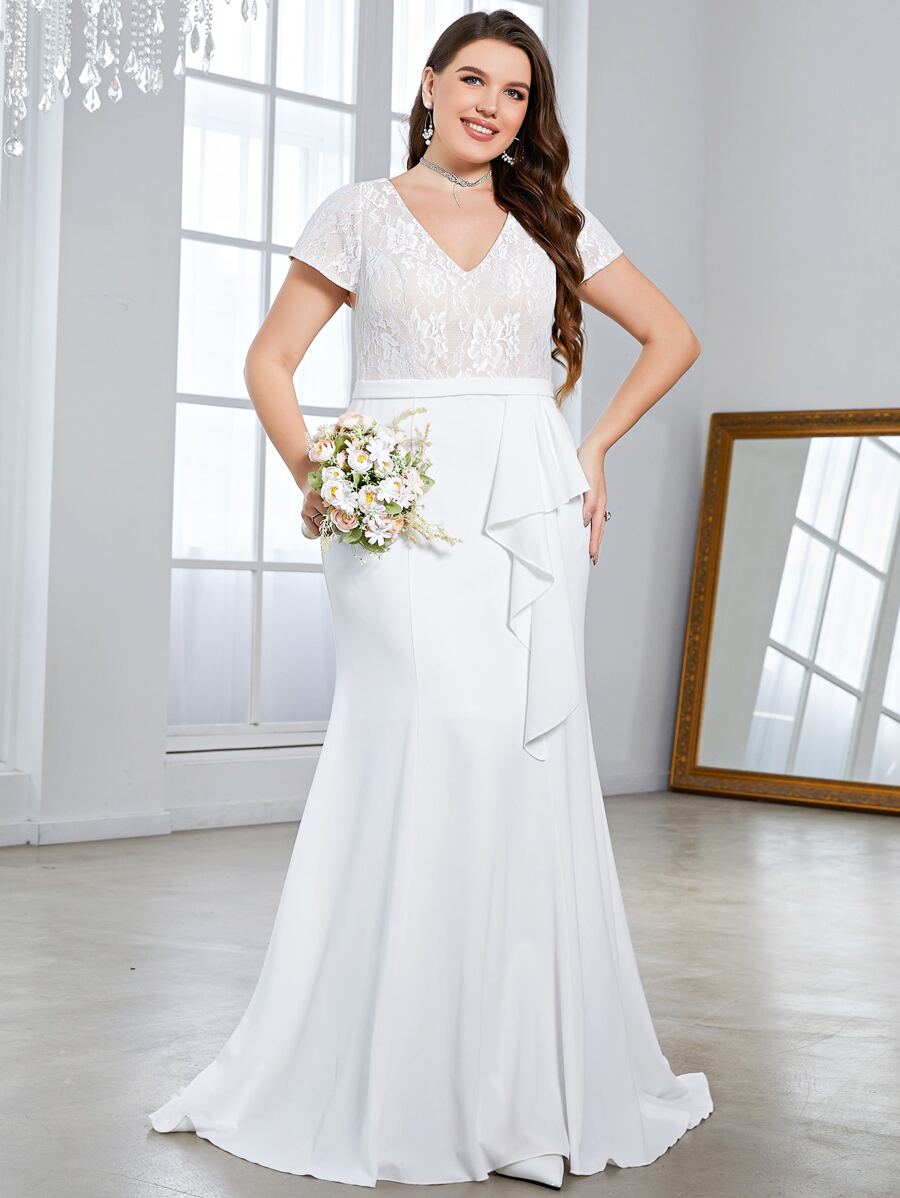 SHEIN Belle Plus Contrast Lace Draped Side Mermaid Hem Wedding Dress - White - View 1