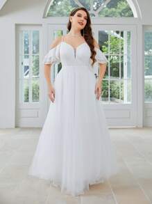 SHEIN Belle Plus Contrast Lace Cold Shoulder Flutter Sleeve Wedding Dress - White - View 5