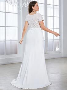 SHEIN Belle Plus Contrast Lace Draped Side Mermaid Hem Wedding Dress - White - View 2