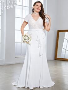 SHEIN Belle Plus Contrast Lace Draped Side Mermaid Hem Wedding Dress - White - View 3