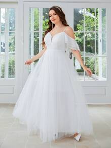 SHEIN Belle Plus Contrast Lace Cold Shoulder Flutter Sleeve Wedding Dress - White - View 6