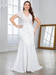 SHEIN Belle Plus Contrast Lace Draped Side Mermaid Hem Wedding Dress - White - View 4