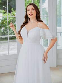 SHEIN Belle Plus Contrast Lace Cold Shoulder Flutter Sleeve Wedding Dress - White - View 7