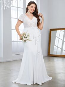 SHEIN Belle Plus Contrast Lace Draped Side Mermaid Hem Wedding Dress - White - View 6